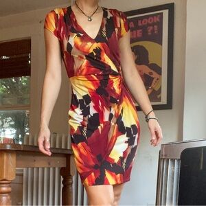 Y2K Cache Red & Yellow Knot-Front Wrap Dress made in USA